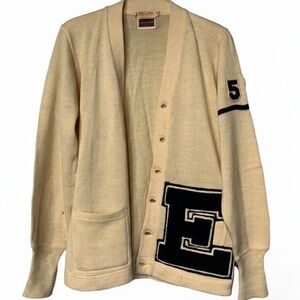 Vintage 1950s Trojan Wool Letterman Cardigan Varsity Sweater Cream Navy Size 40